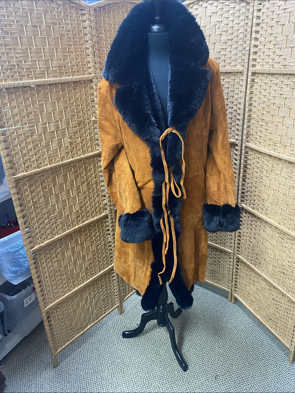 Lux Suede Trimmed Long Coat with Black Fur Collarbone n BBB